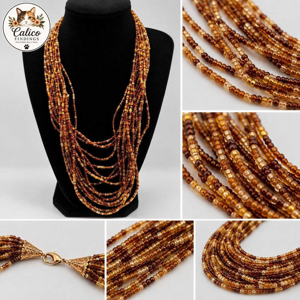 Vintage Multi Strand Seed Bead Necklace Amber Brown Gold Boho Layered Statement